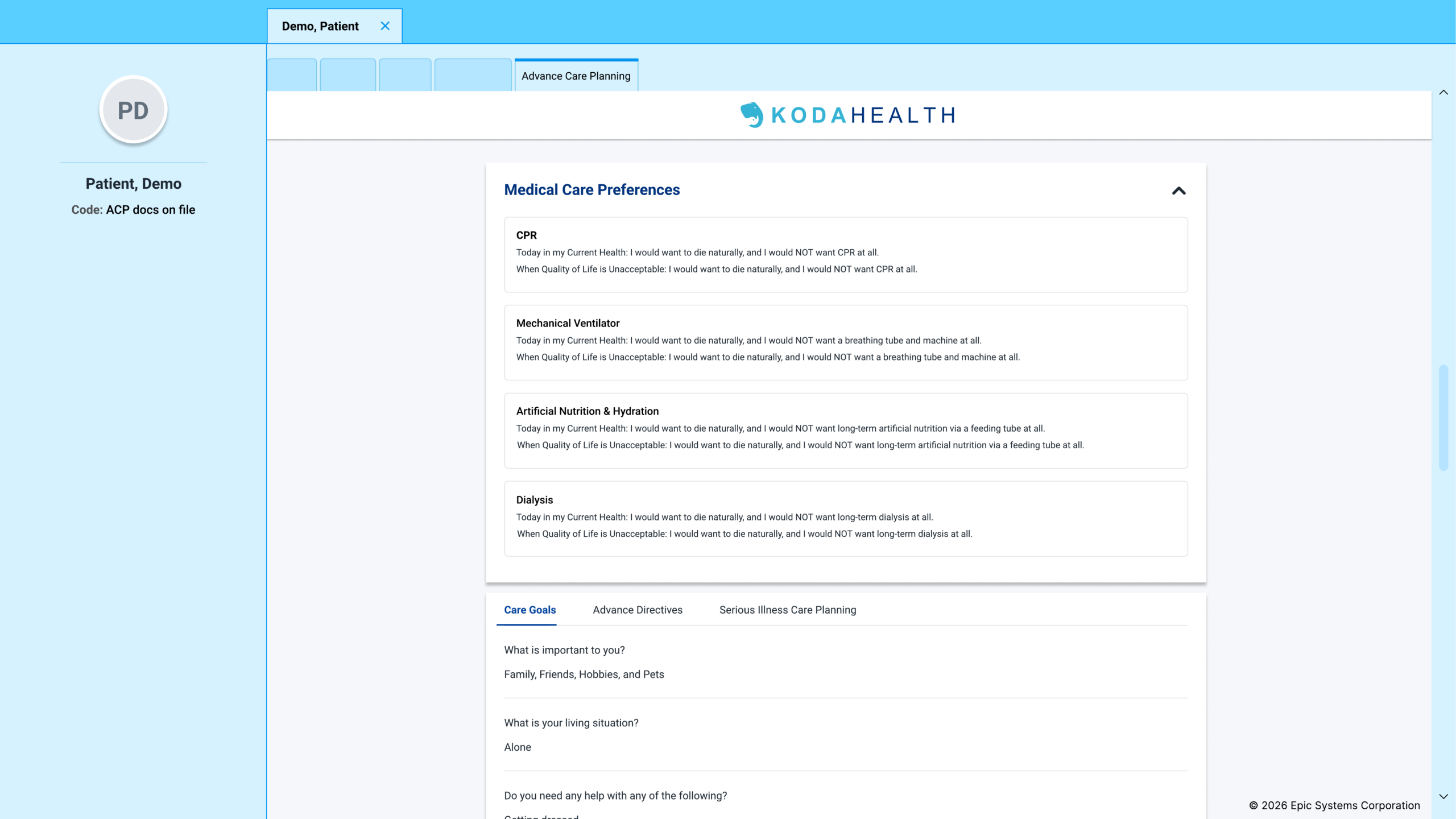 Medical Care Preferences panel in Epic showing the patient's documented decisions on CPR, mechanical ventilation, artificial nutrition and hydration, and dialysis, plus care goals.